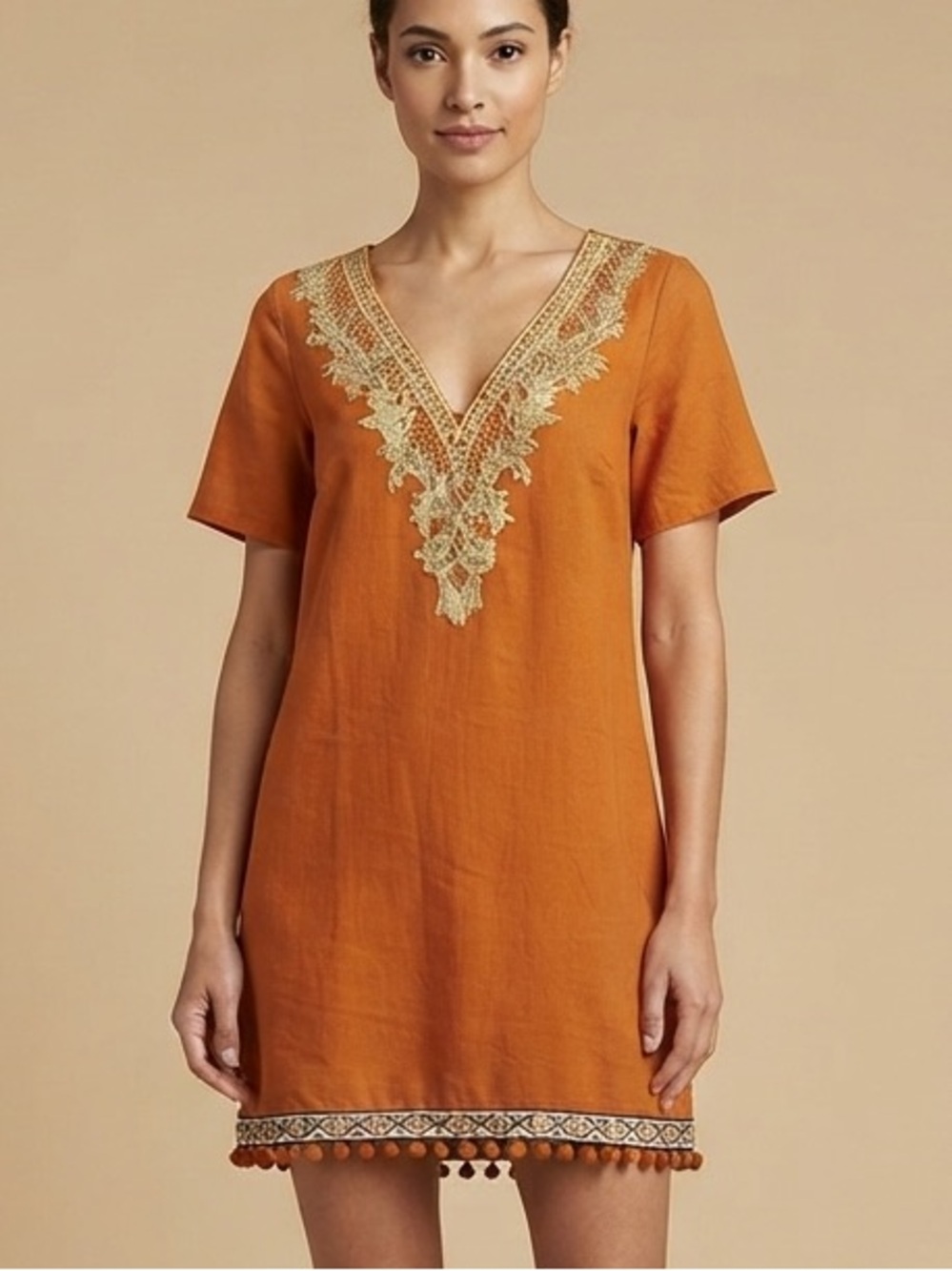 Rust Bohemian V-Neck Shift Dress with Delicate Lace & poms Detail Indian Inspire